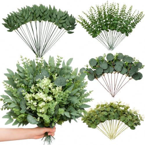 100 Pcs Mixed Artificial Eucalyptus Stems Leaves Bulk, 4 Kinds Faux Greenery Silver Dollar Dried Plant Leaves for Wedding Decor Centerpieces Vase Bouquet Floral Arrangements