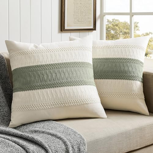2 Pack Boho Throw Pillow Covers, Contrast Green 24x24in | Soft Breathable Cotton, Farmhouse Decorative Couch Pillow Cases, Cushion Covers for Sofa Bed Living Room Home Decor - color: Contrast/Green, size: 24" x 24" (Pack of 2)