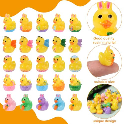 Lyreh 25pcs Mini Resin Ducks for Easter, 5 Styles Tiny Ducks Resin Easter Butterfly Small Basket Stuffers Little Miniature Figurines Eggs Rabbit Duckies Garden Carrot Rabbit Ear Decoration