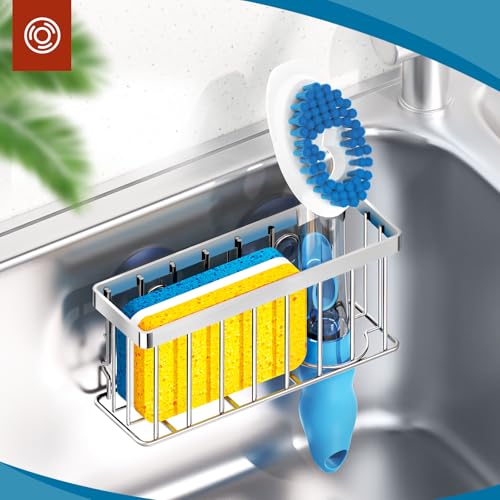 MURLONG Sponge Holder for Kitchen Sink,Sink Caddy Organizer with Suction Cups/Adhesive Strips,Dish Sponge Holder Design for Sponges,Scrubber,Stoppers-Silver - color: Silver