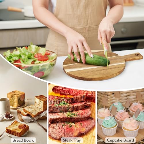 Acacia Round Cutting Boards, 12 Inch Wood Round Cutting Boards with Handle, Acacia Pizza Cutting Board for Bread, Meat