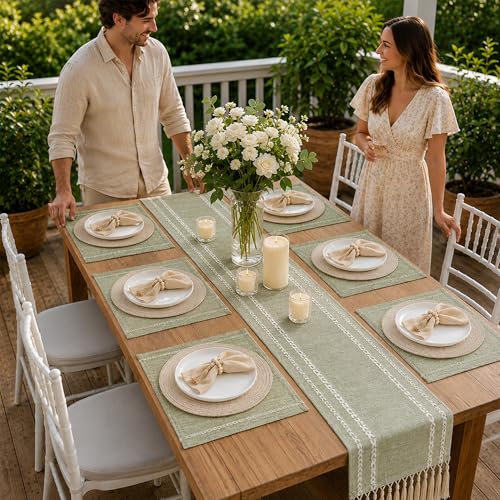 Boho Table Runner and Placemats Set of 6, Modern Farmhouse Dining Table Setting Decor with 1pcs Runner, 12pcs Mats, 6pcs Napkins, 6pcs Wood Bead Rings for Kitchen Party
