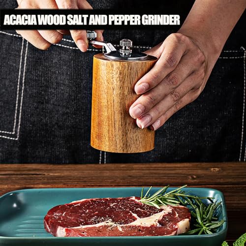 Acacia Wood Salt and Pepper Grinder Mills Sets,Wooden Shakers with Adjustable Ceramic Core,Classic Manual Salt Grinder Refillable Pepper Mill Set with a Gear Crank System for kitchen Spice