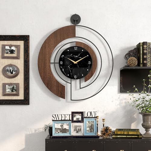 Modern Walnut Marble Dial Wall Clock, Large Wood Metal Frame Silent Non Ticking Wall Clocks for Living Room, Bedroom Decoration, Contemporary Home Wall Decor Gift Idea, 22 in - size: 1.Large(22 in)