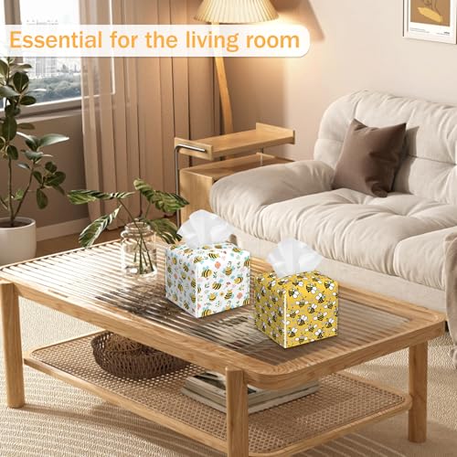 Bee 2 Pcs Tissue Box Cover Square, Cute Cartoon Bees Tissue Box Holder Waterproof Leather Facial Paper Organizer Dispenser for Bathroom Home Car Nightstand - color: Cartoon Bees