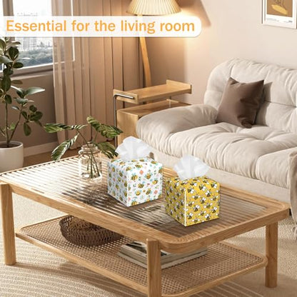 Bee 2 Pcs Tissue Box Cover Square, Cute Cartoon Bees Tissue Box Holder Waterproof Leather Facial Paper Organizer Dispenser for Bathroom Home Car Nightstand - color: Cartoon Bees