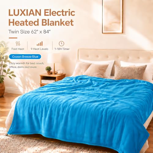 Electric Heated Blanket, Twin 62 x 84 in, Sea Breeze Blue | 6 heat settings | 1-10-hour timer | Flannel and Sherpa| dual-sided comfort | machine washable | ETL certified - color: C-bright Blue, size: 62x84inches-Twin