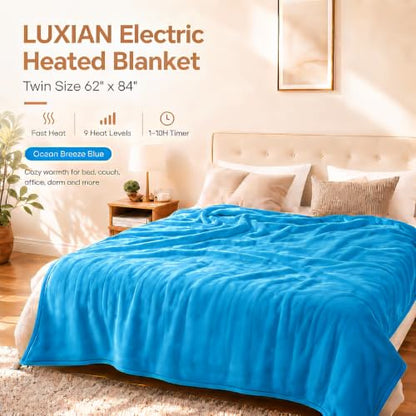 Electric Heated Blanket, Twin 62 x 84 in, Sea Breeze Blue | 6 heat settings | 1-10-hour timer | Flannel and Sherpa| dual-sided comfort | machine washable | ETL certified - color: C-bright Blue, size: 62x84inches-Twin