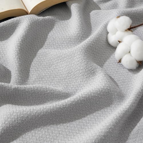 Bedsure GentleSoft 100% Cotton Blanket Queen Size for Bed - Cooling Breathable and Lightweight, Soft Cozy Textured Herringbone Woven Blanket for Summer, Cool Grey, 90x90 inches - color: 04 - Cool Grey, size: Queen