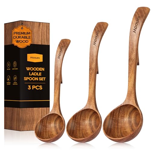 Wooden Ladle for Soup, 3 Size Teak Wood Ladle Spoon with Back Hooks, Heat Resistant Wooden Spoons for Cooking, Non-Stick, Comfortable Grip, Wood Kitchen Utensils Set for Serving, Stirring - size: 3 PCS Set