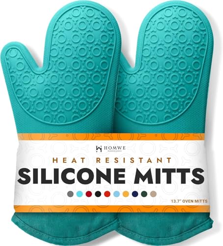 BPA-Free Soft Silicone Oven Mitts - Ultra Heat Resistant Oven Mitts with Thick Cotton Liner - Long Slip Resistant Pot Holders, Flexible Oven Gloves - Turquoise 13.7" - color: Turquoise, size: 2-Piece 13.7" Oven Mitts