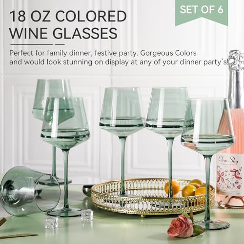 Green Wine Glasses Set of 6,18oz green Wine Glassware Gift Set for Wife & Mom-Colorful Hand Blown Glass Drinkware for Red White Wine - color: Green