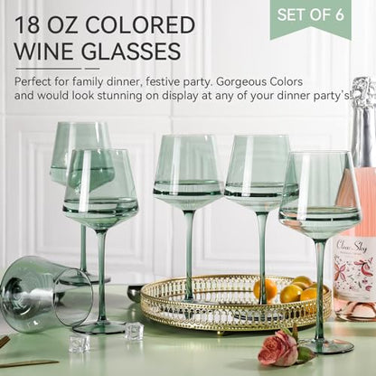 Green Wine Glasses Set of 6,18oz green Wine Glassware Gift Set for Wife & Mom-Colorful Hand Blown Glass Drinkware for Red White Wine - color: Green