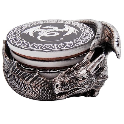 Gothic Dragon Coaster Set with Engraved Holder - 4.5-Inch Flying Dragon Coasters, Set of 4