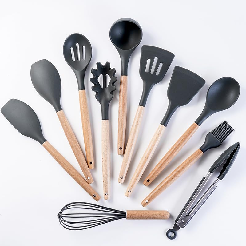 Kitchen Cooking Utensils and Knife Set with Block, 19 Pieces Cooks Cutting Set 11 Silicone Utensils Tool 5 Pcs Sharp Stainless Steel Chef Knives Scissors Whisk Tongs and Cutting Board (Black) - color: Black