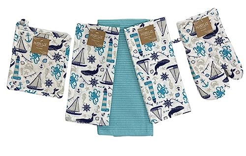 Summer Kitchen Pot Holder Oven Mitt Dish Towel Set: Fun Navy White Aqua Nautical Coastal, 5 pc Set (Coastal) - color: Coastal Set