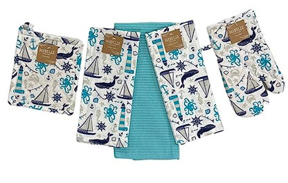 Summer Kitchen Pot Holder Oven Mitt Dish Towel Set: Fun Navy White Aqua Nautical Coastal, 5 pc Set (Coastal) - color: Coastal Set
