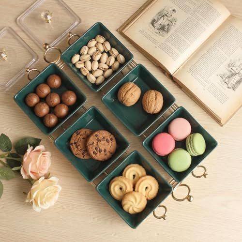 YA JU Ceramic Bowls and with Lid Gold Basket Trays, 6 Removable Small Bowls Condiment Trays Nut Serving Set for Snacks, Fruits, Candy and Condiments - Great for Parties, Holiday Gifts, Green - color: Green 6 Removable snack Bowls