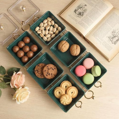 YA JU Ceramic Bowls and with Lid Gold Basket Trays, 6 Removable Small Bowls Condiment Trays Nut Serving Set for Snacks, Fruits, Candy and Condiments - Great for Parties, Holiday Gifts, Green - color: Green 6 Removable snack Bowls