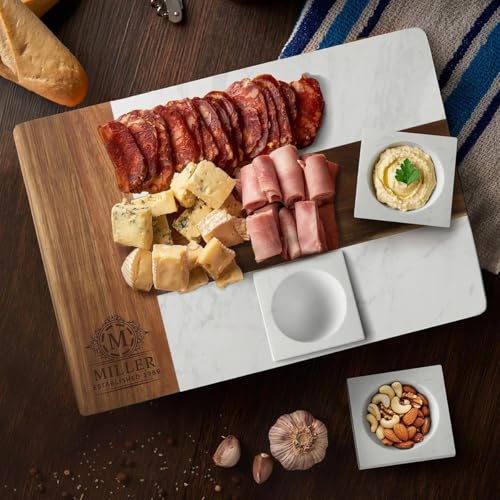 HomeWetBar Personalized Charcuterie Board Gift Set | Custom 15.75" x 11.75" White Marble & Acacia Wood Cheese Board with Serving Bowls | Perfect Housewarming + Wedding + Couples Gift Idea - style: Winslow White Marble Board + Serving Bowls