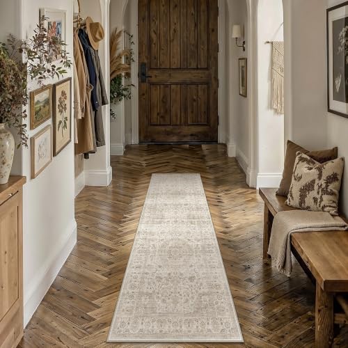 2x6 Runner Rug for Hallway Rug Beige Vintage Floral Farmhouse | Washable, Non Slip, Low Pile, Thin Distressed Carpet, Indoor Small Runner for Kitchen, Hallway, Entryway, Laundry, Bedroom - color: Vintage Beige, size: 2' x 6' (Runner)