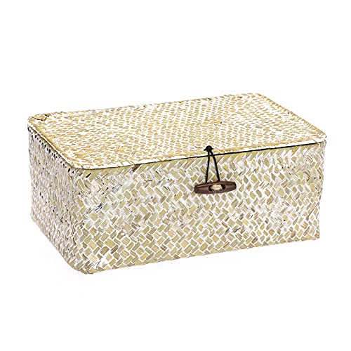Hipiwe Small Woven Wicker Shelf Basket Bin with Lid Natural Seagrass Basket | Basket Storage Boxes for Shelf, Multipurpose Home Organizer Bins for Closet Bedroom Living Room Home Decor, Whitewash - color: Whitewash, size: Small