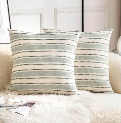 Cethom Decorative Boho Throw Pillow Covers, Farmhouse Textured Pillow Case, 18 x 18 Inch Set of 2, Chair Sofa Bedroom Living Room Home Decor Couch Cushion Case, Green and Beige Striped - color: Green, size: 18" x 18" (Pack of 2)