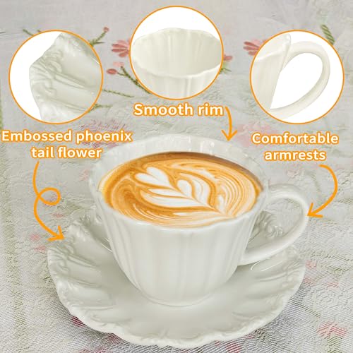 8oz Tea Cups and Saucers, Ceramic Latte Cup,Relief Cappuccino Cup and Saucer Set, Elegant Porcelain Tea Cups, Espresso Cup Set Dishwasher & Microwave Safe,White - color: White