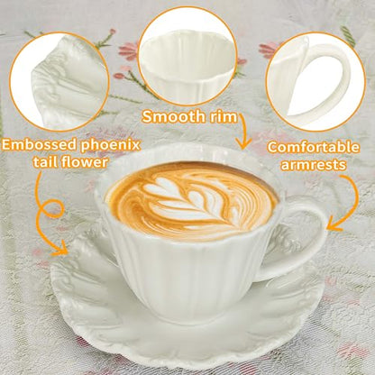 8oz Tea Cups and Saucers, Ceramic Latte Cup,Relief Cappuccino Cup and Saucer Set, Elegant Porcelain Tea Cups, Espresso Cup Set Dishwasher & Microwave Safe,White - color: White