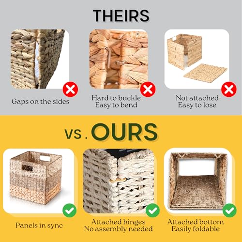 11x11 Wicker Storage Cubes Storage Baskets For Shelves Set 4 | 10.5 x 10.5 Water Hyacinth Storage Baskets Woven With Seagrass, Palm Leaf. Foldable Square Baskets With Carry Handles - size: 10.5x10.5x10.5