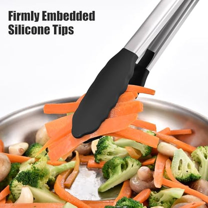 Doosu 16in Kitchen Tong for Cooking - 600°F Heat Resistant Food Tong with Non-Scratch Silicone Tips & 600°F Heat Resistant Silicone Spoon Spatula Set of 3 Cooking Spoons for Stir Mixing (Black)