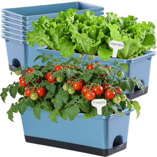 Window Box Planter 8 Pcs, 17 Inches Rectangle Flower Pots with Drainage Holes and Trays, Vegetable Planters for Windowsill Patio Garden Balcony Home Porch Yard Indoor Outdoor (Blue) - color: Blue