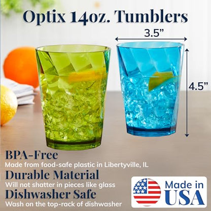 US Acrylic Optix Plastic Reusable Drinking Glasses (Set of 8) 14oz Rocks Cups in Jewel Tone Colors | BPA-Free Tumblers, Made in USA | Top-Rack Dishwasher Safe - size: 14 Ounces