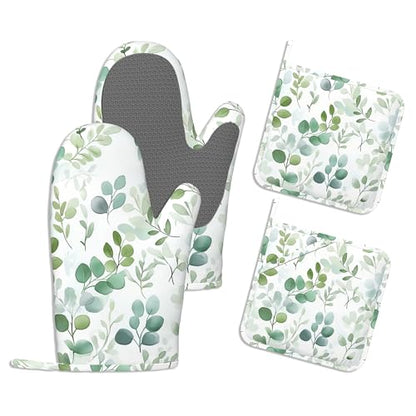 Eucalyptus Leaves Oven Mitts and Pot Holders Sets,Extra Long Watercolor Green Leaf Kitchen Mittens for Cooking,Thick Cotton Heat Resistant Silicone Cooking Utensils Set for Baking Cooking Grilling - color: Eucalyptus Leaves
