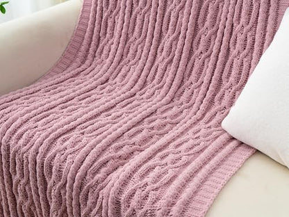 Battilo Pink Throw Blanket for Couch, Cable Knit Blanket, Soft Chenille Throw Blanket, Cozy Warm Blankets for Girls Daughter Women Gifts for Mom, 51"x67", Blush - color: Blush
