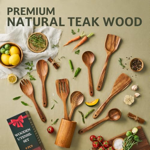 SOOMGYEOL SEOM 9-Piece Teak Wood Cooking Utensil Set with Holder | Natural Teak Wood, Uncoated, 8 Cooking Utensils & Holder, Nonstick Safe - size: 9 PCS Set