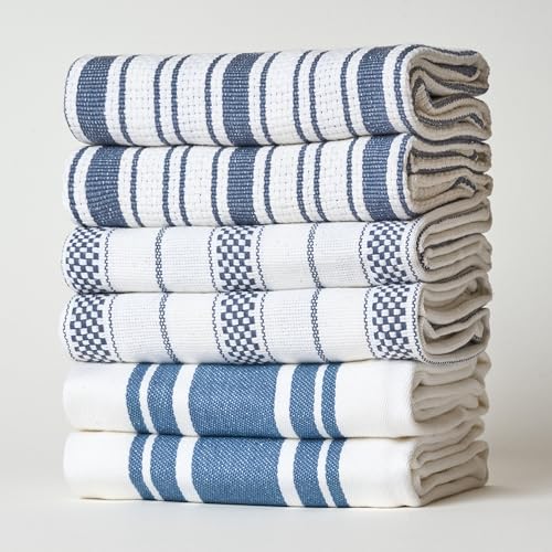 Kitchen Towels Set – Pack of 6 (20’’ x 30’’) Extra Large Premium Cotton Dish Towels for Kitchen – Absorbent – 100% Cotton – with Hanging Loop – Blue Grey Multi Design Striped - color: Multi Design Blue Grey, size: Pack of 6