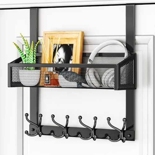 HapiRm Over The Door Hooks - Easy Installation Door Hanger with Basket and 16 Hooks, 304 Stainless Steel Storage Organizer for Towels, Coats, Bathroom, Kitchen, Dorm - Black - color: Black-1 Basket