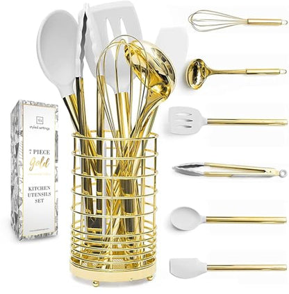Styled Settings White and Gold Kitchen Utensils, 7-Piece | Nonstick Silicone Cooking Utensils Set with Gold Utensil Holder, White and Gold Kitchen Accessories for Modern Kitchens - color: White and Gold