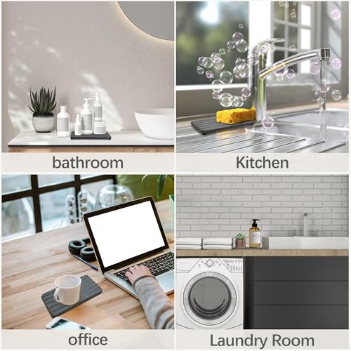 Set of 4 Bathroom Vanity Tray, Quick-Dry Diatomite Kitchen Tray with Non-Slip Pads | Water Absorbing Stone Used for Soap, Sponges, Cosmetics | Eco-Friendly Bath Sink Organizer - color: Drak Gray