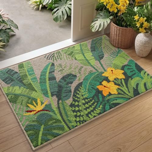 DEXI Front Door Entryway Mat 32x48, Non Slip Entry Doormat, Green Palm Leaf | Washable Low Profile Inside Entrance Rugs, Hand Hooked Loop Pile Welcome Mats Dirt Trapper for House Floor, Garage, Patio - color: Palm Leaf, size: 32" X 48" (Rectangular)