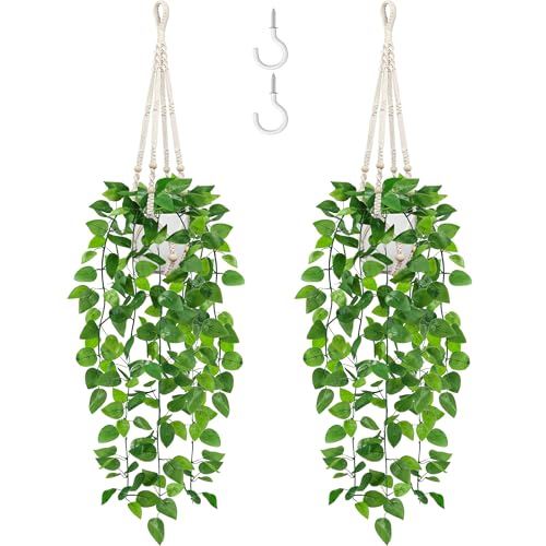 USLAI Fake Hanging Plant, Artificial Pothos Vines Greenery with Pot and Macrame Plant Hanger for Indoor Outdoor Boho Decor - size: 2 Pack
