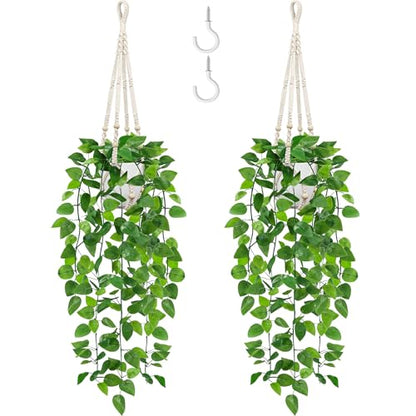 USLAI Fake Hanging Plant, Artificial Pothos Vines Greenery with Pot and Macrame Plant Hanger for Indoor Outdoor Boho Decor - size: 2 Pack