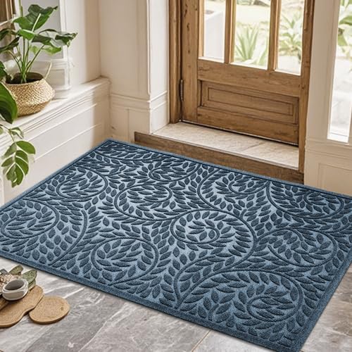 Bulijojo Front Door Mat Entrance,Durable Heavy Duty Welcome Mat,Thick Absorbent Natural Rubber Non Slip Mat, Sturdy Entryway Blue 47"x32" - color: Blue, size: 2'8" x 3'11" (Leaf)