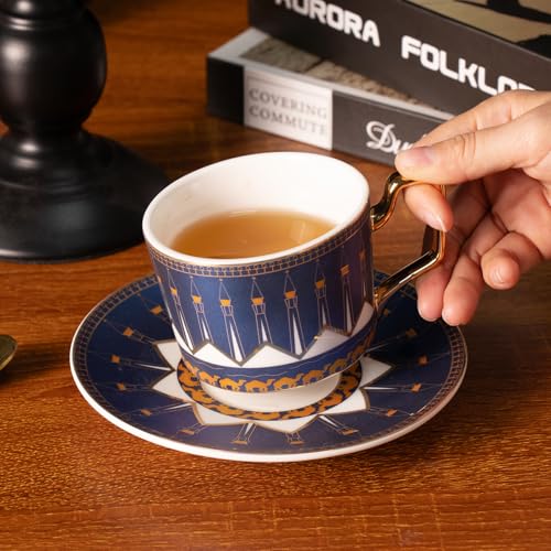 KAMMAK Tea Cups and Saucers Set of 2, Porcelain Coffee Cups, NX029 | Gold Rim, Stackable Espresso Mugs, Ceramic Demitasse for Coffee, Latte, Americano, Afternoon Tea, Elegant Gift for Women - size: 8CZNX029