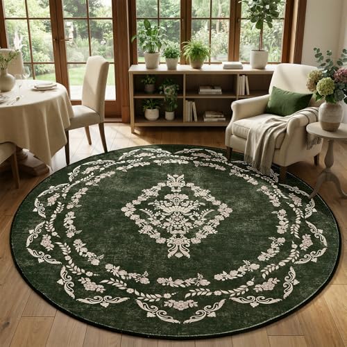 FlyDOIT Small Round Area Rug 6ft, Circle Rugs for Bedroom, Green | Washable Non Slip Rug, Boho Floral Distressed Circular Carpet for Living Room Dining Room Entryway College Dorm Office Decor - color: Green, size: 6' (Round)
