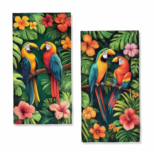 Parrot Bath Hand Towels Absorbent Tropical Birds Leaves Floral Flower Plant Bathroom Kitchen Towels Set of 2 Face Towels for Bathroom Gym Hotel Sport Decor Gifts for Women Man 14x28 Inch - color: Parrot