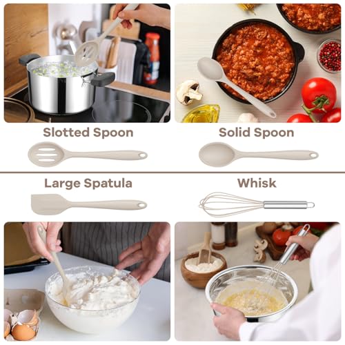 TeamFar Silicone Cooking Utensils Set, 8 PCS Kitchen Utensils Set, Khaki | 446°F Heat Resistant Turner, Spatula, Spoon, Whisk, Kitchen Cooking Gadgets Tools, for Nonstick Cookware, Dishwasher Safe - color: Khaki