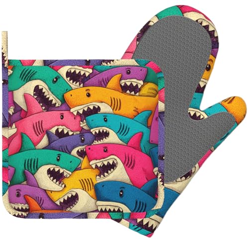 Cartoon Shark Oven Mitts and Pot Holders Sets Non-Slip Silicone Surface for BBQ Gloves,Kitchen,Cooking,Baking,Grilling - color: Cartoon Shark