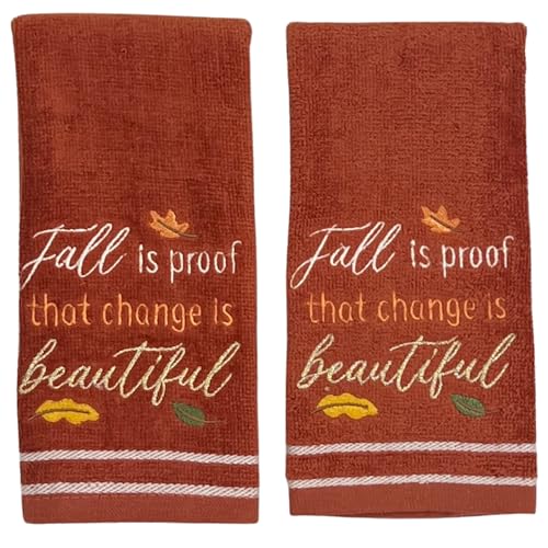 Autumn Fall Bath Fingertip Towels Bathroom Decor Farmhouse Harvest: Rust Dark Orange 100% Cotton Embroidered Fall is Proof That Change is Beautiful Stitched Border, 12" x 18", 2 Pc Set - color: Fall is Beautiful